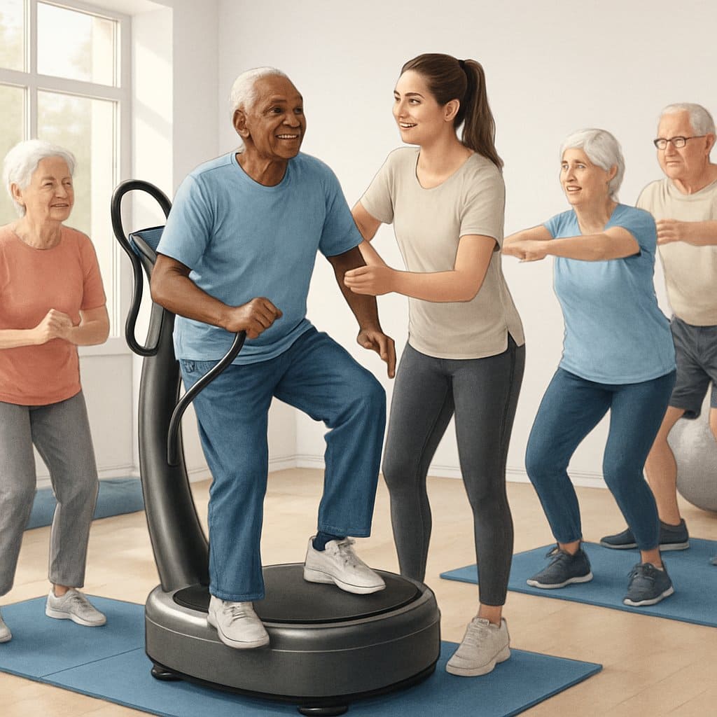 A group of seniors exercising safely on a Power Plate machine in a bright fitness studio with an instructor guiding them.