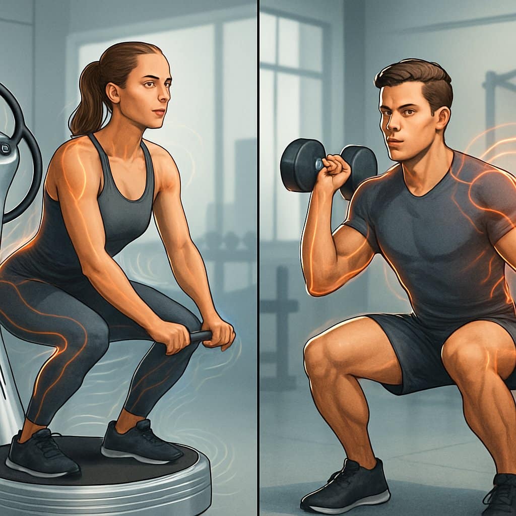 Two people exercising side by side in a gym, one using a Power Plate machine and the other doing traditional strength exercises.