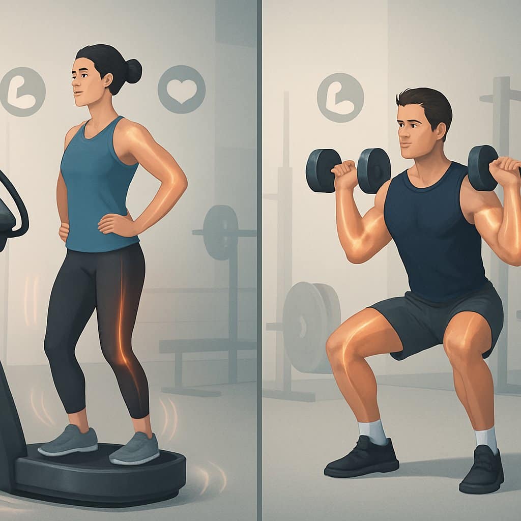Two people exercising side by side in a gym, one using a Power Plate machine and the other performing traditional weightlifting exercises.