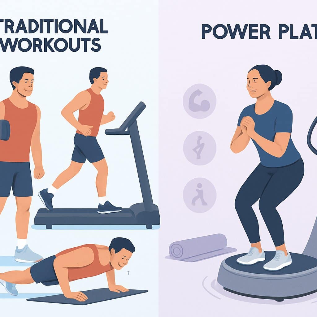 A split scene showing a person doing traditional gym exercises on one side and another person using a Power Plate machine on the other side.
