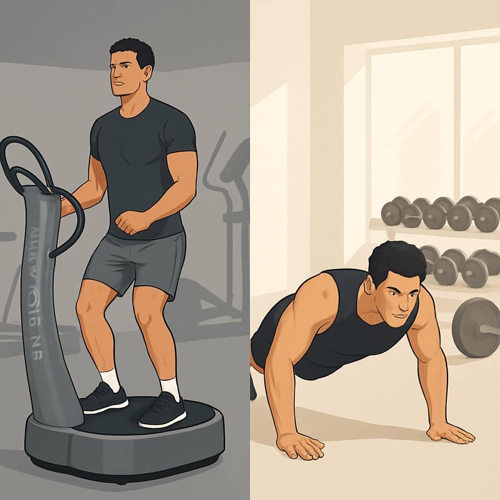 Two people exercising side by side, one using a Power Plate machine and the other doing traditional strength exercises in a gym.