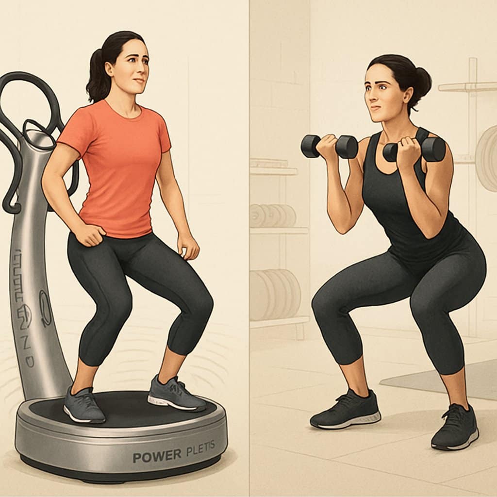 Two people exercising side by side, one using a Power Plate machine and the other doing traditional workouts with dumbbells in a gym.
