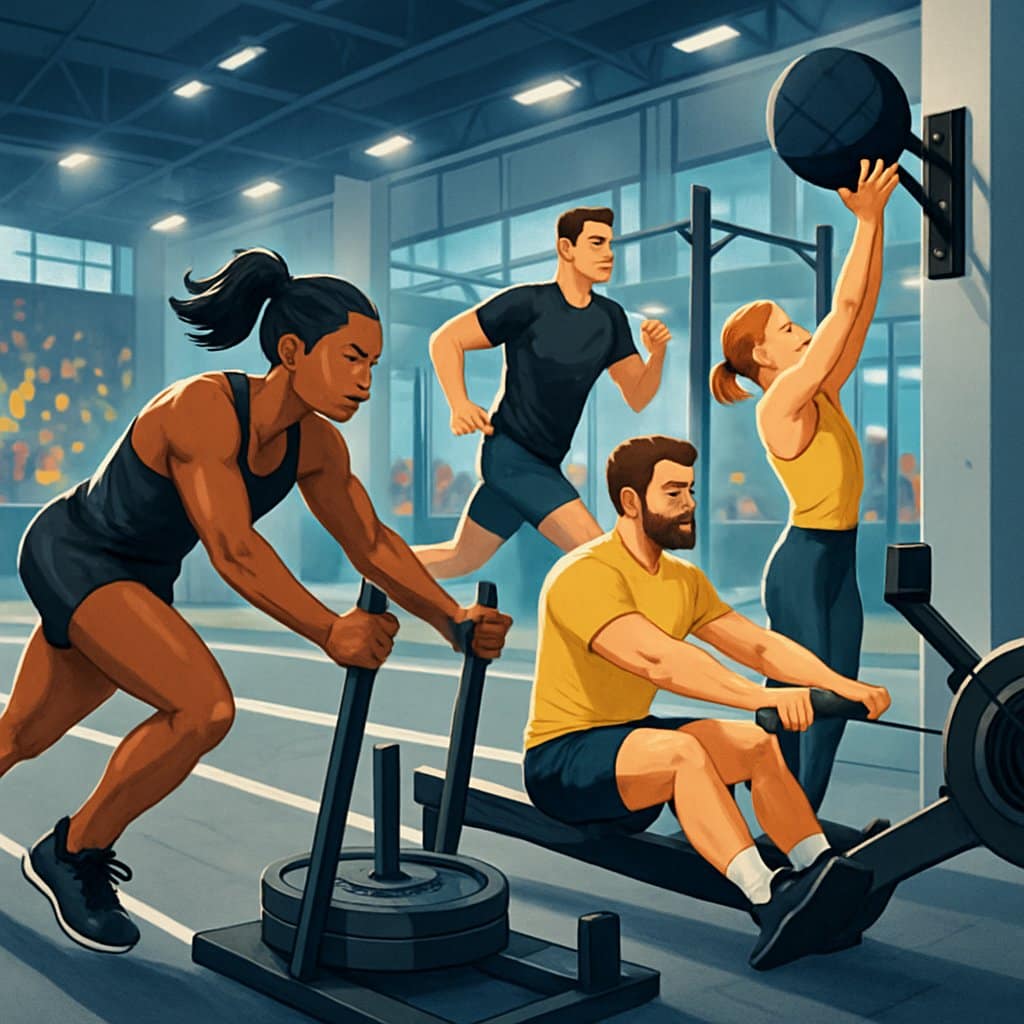 Athletes participating in a multi-stage fitness race inside a gym, performing running, rowing, sled pushing, and wall ball exercises with spectators watching.