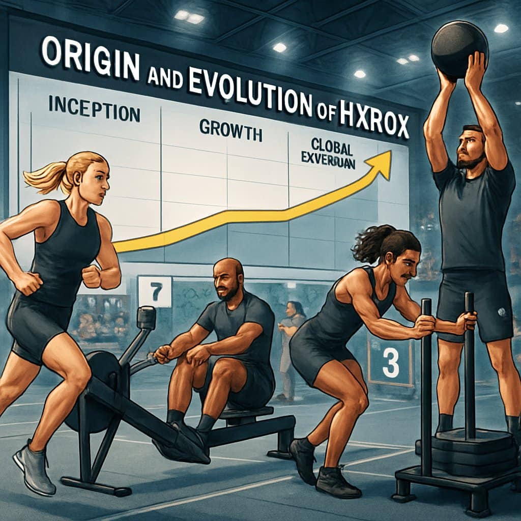 Athletes competing in a fitness race inside a sports arena with a timeline in the background showing the development of the event.
