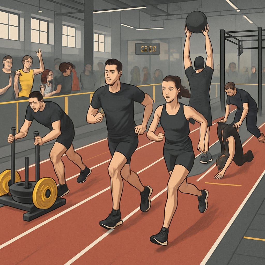 Athletes competing in an indoor fitness race performing running and various exercise stations in a gym with spectators watching.