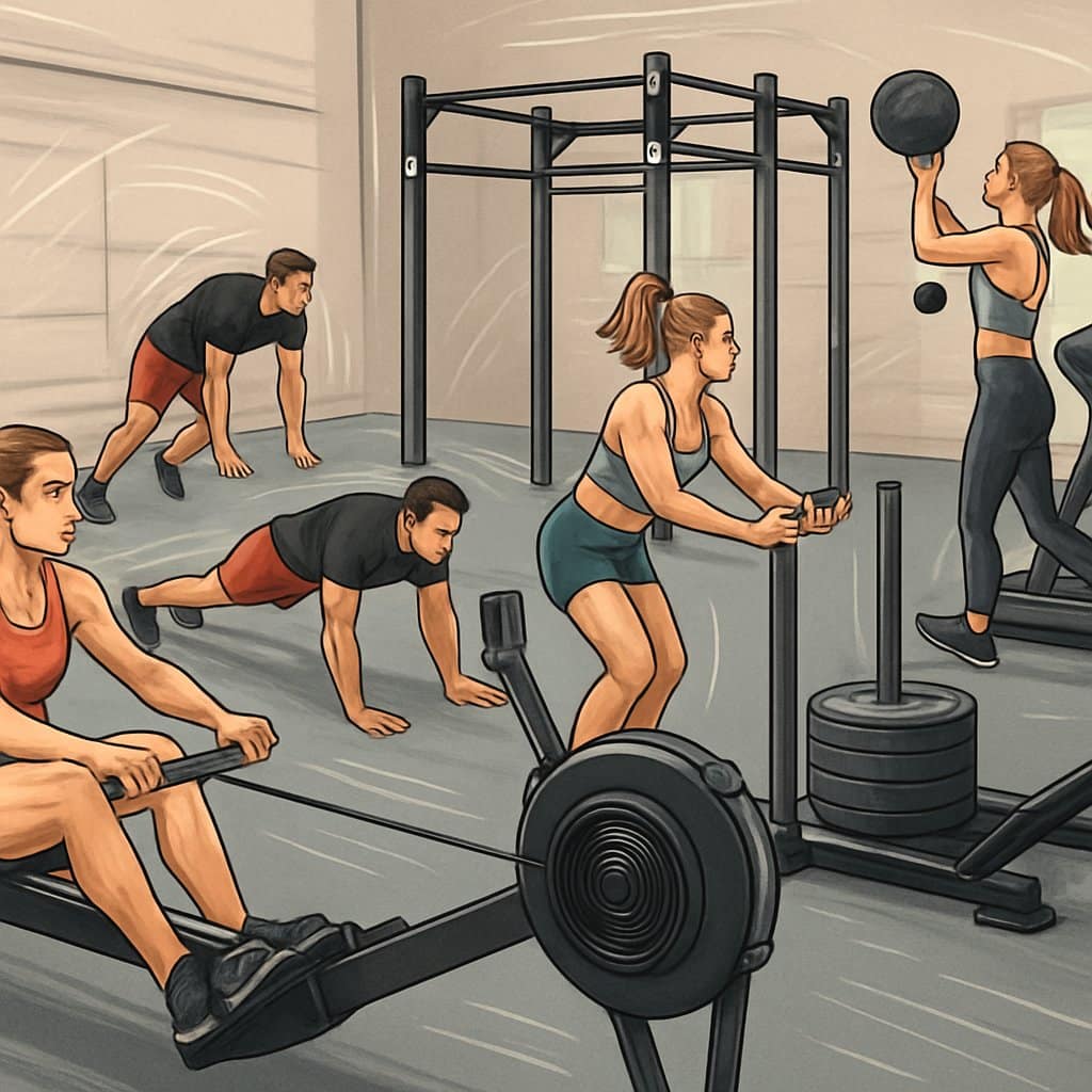Athletes exercising at various functional workout stations inside a gym, performing different fitness activities in a spacious training area.