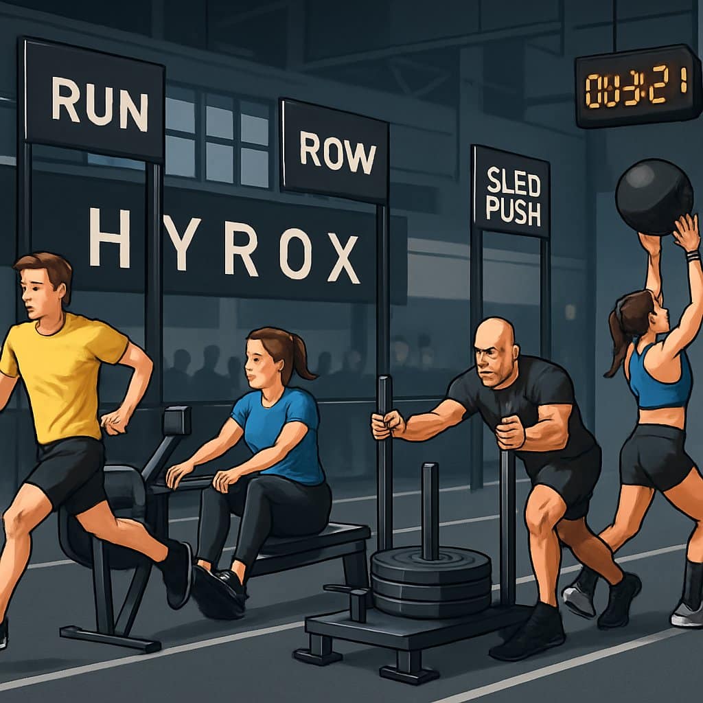Athletes competing in various fitness activities like running, rowing, sled pushing, and wall balls inside a sports arena with different race stations.