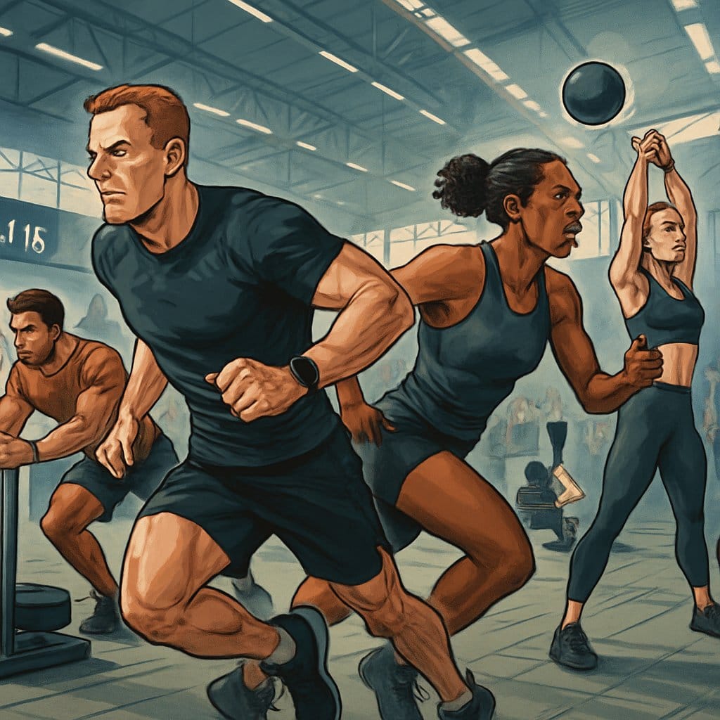 Athletes running and performing various fitness exercises like rowing, sled pushing, and kettlebell lifting in an indoor sports arena during a race.