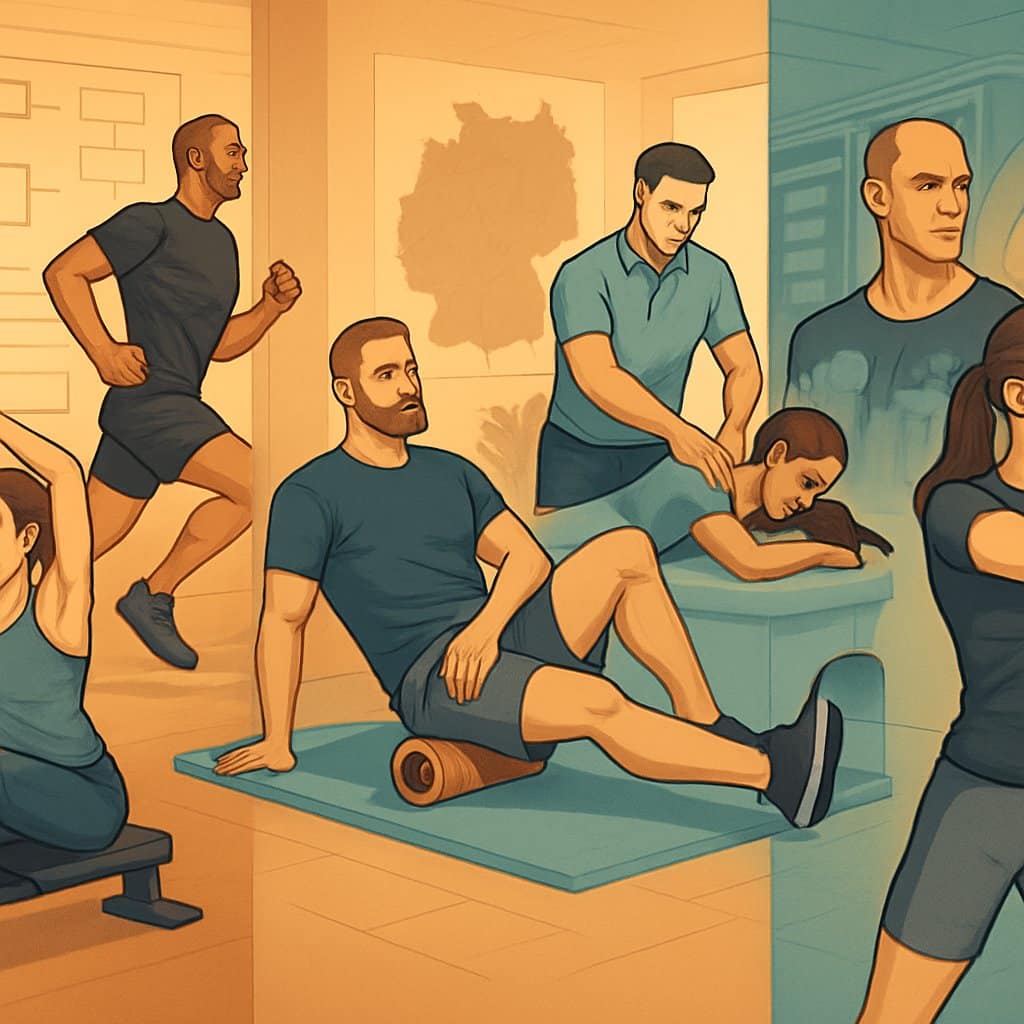 Athletes training with rowing and running, recovering with stretching and massages, and preparing mentally and physically for a HYROX race.