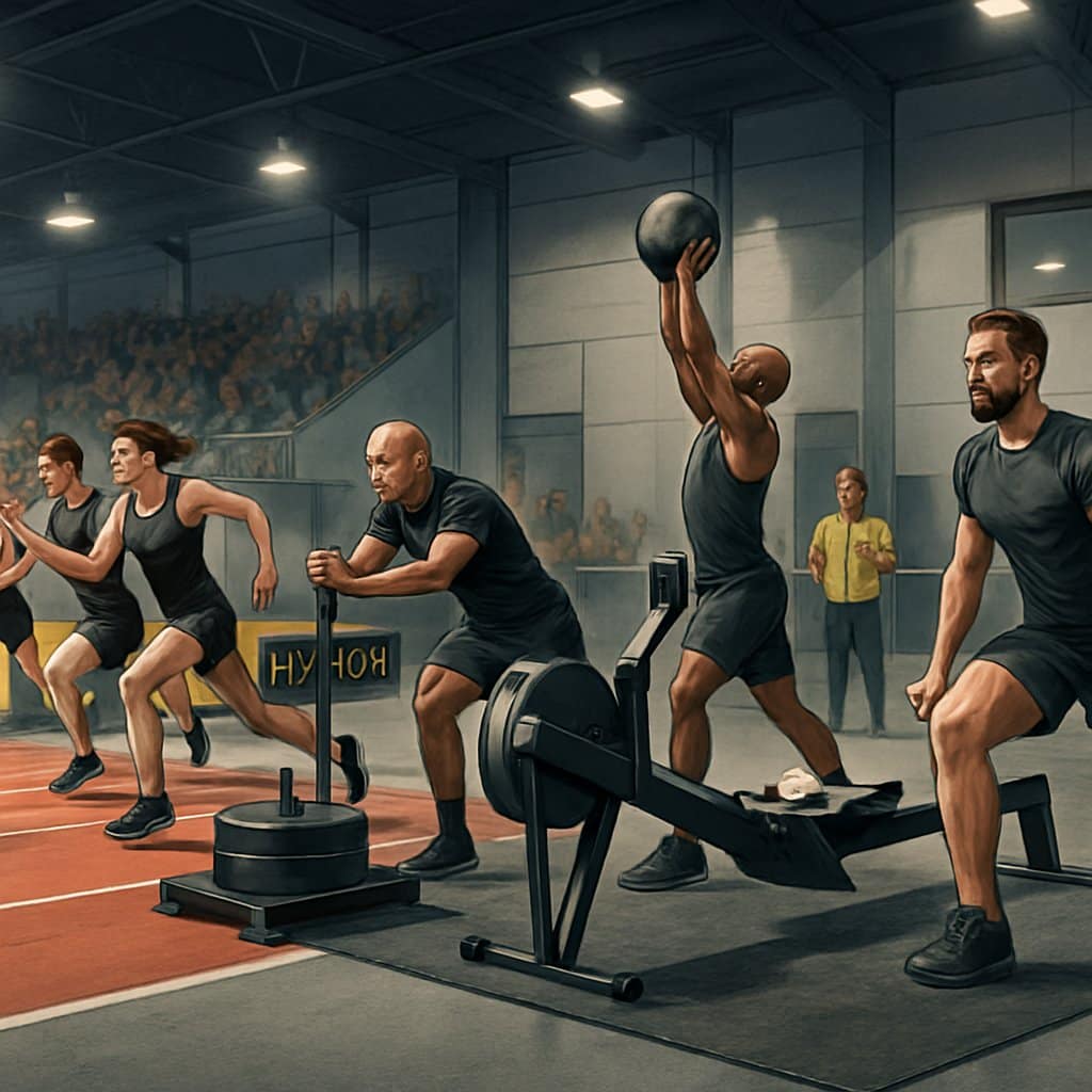 Athletes competing in an indoor HYROX race, running and performing fitness exercises in sequence within a sports arena.