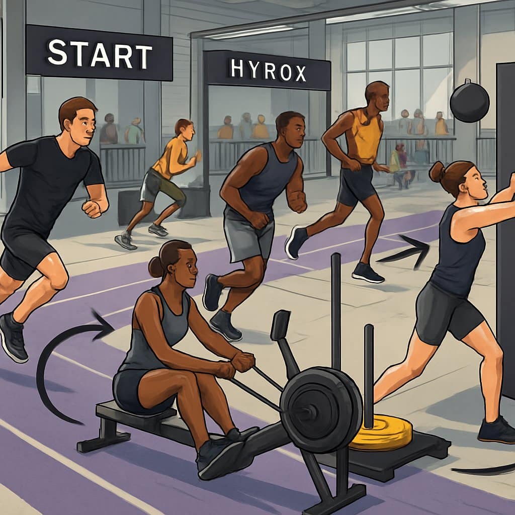 Athletes competing in an indoor fitness race, moving through different exercise stations including rowing, sled pushing, wall balls, and running, showing the progression of the race.