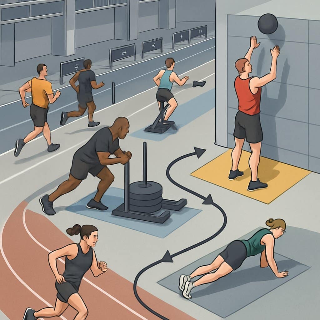 Athletes competing in a sequence of fitness challenges including running, sled pushes, rowing, wall balls, and burpees inside an indoor sports arena.