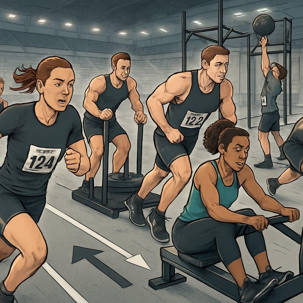 Athletes competing in an indoor fitness race, running and performing various workout stations like sled pushes, rowing, and wall balls in a large arena.