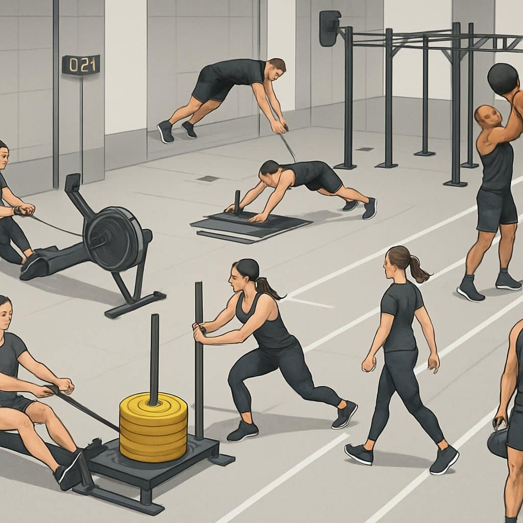 Athletes performing eight different HYROX workout challenges in a gym, each at separate stations with various fitness equipment.