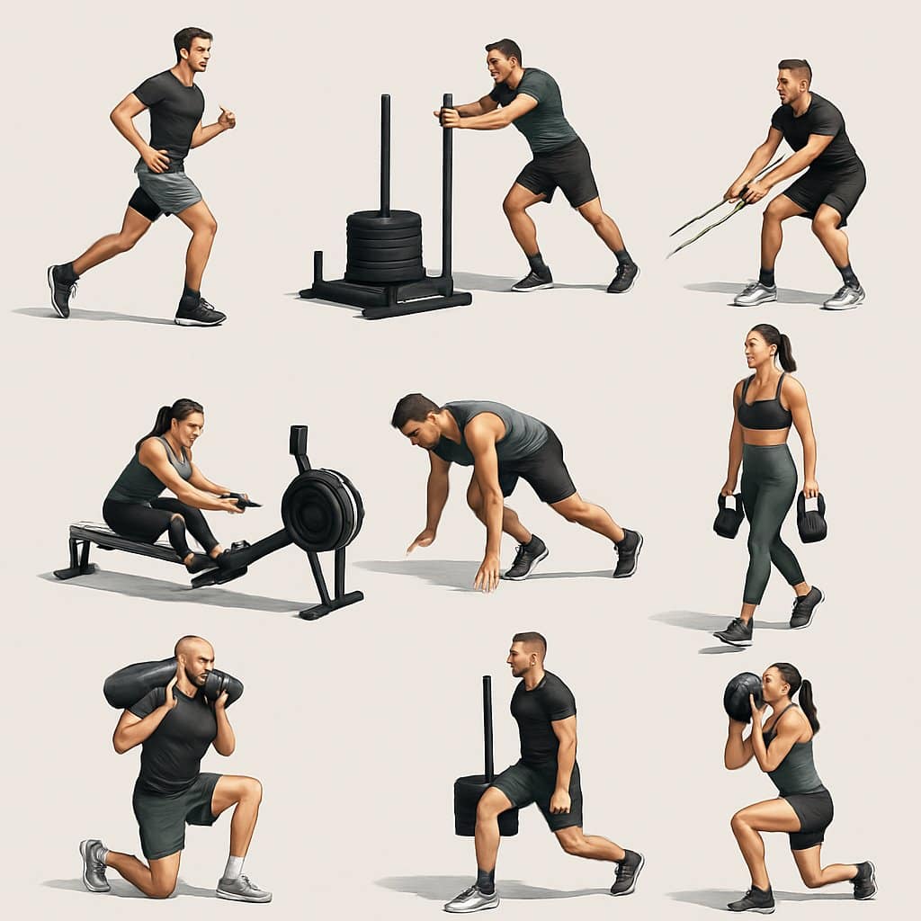 Illustration showing eight different workout stations with athletes performing various exercises including running, sled push, sled pull, rowing, burpees, kettlebell carries, lunges, and wall balls.