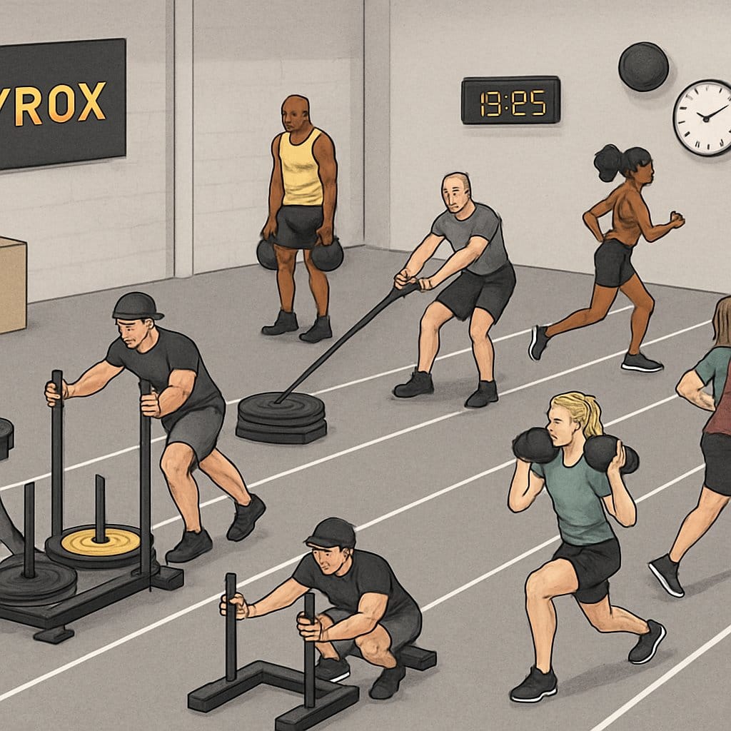 A gym scene showing eight different workout stations with athletes performing various HYROX exercises using equipment like rowing machines, sleds, kettlebells, sandbags, and medicine balls.