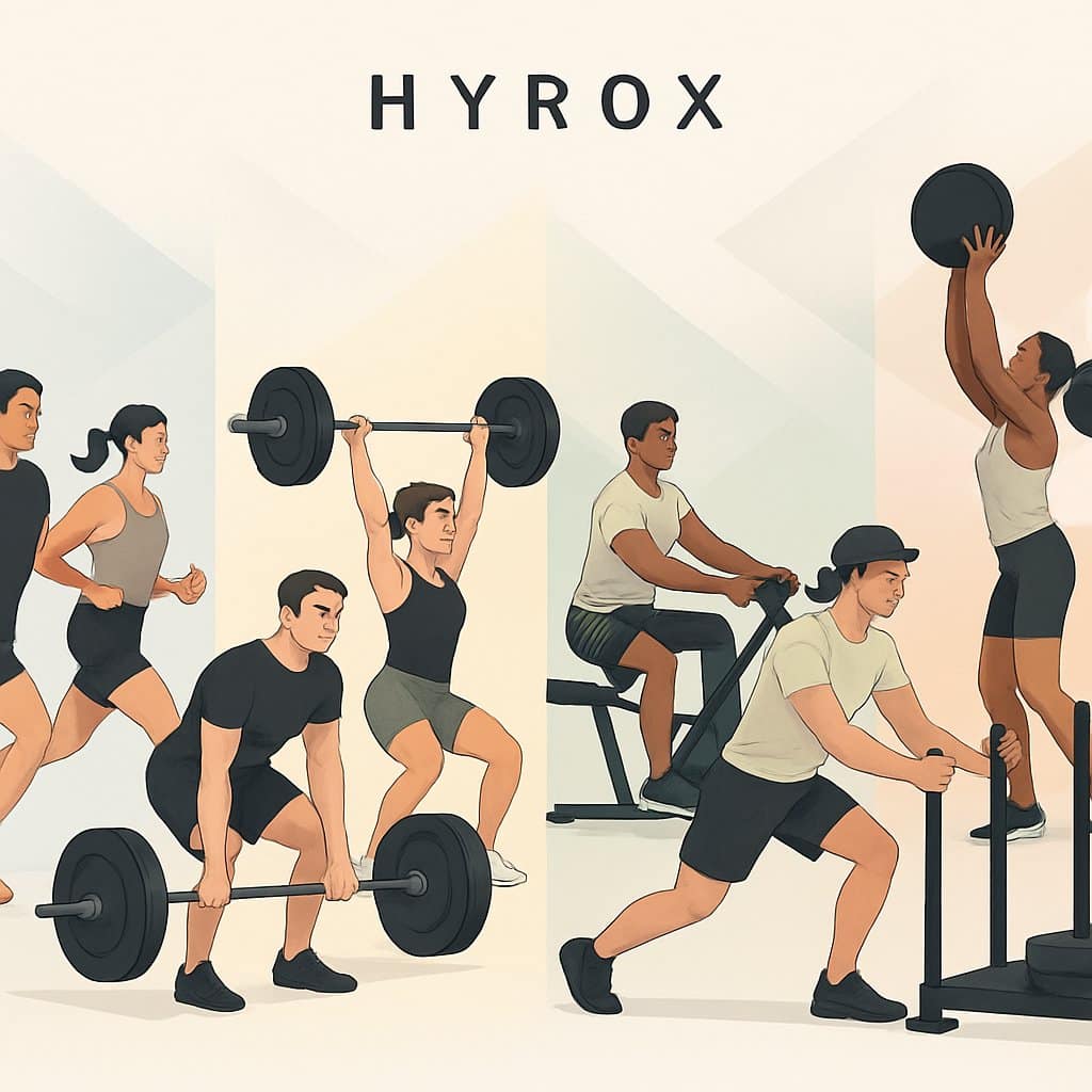 A group of athletes performing various fitness activities like running, rowing, weightlifting, and sled pushing, each in separate sections representing different competition categories.
