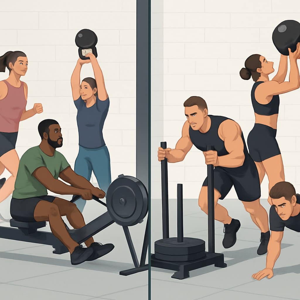 Two groups of athletes in a gym preparing for a fitness competition, one group warming up casually and the other performing intense exercises with professional equipment.
