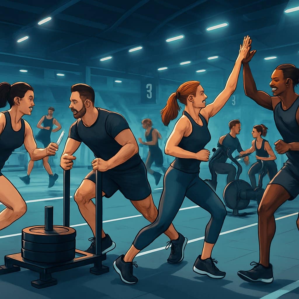 Athletes working together in teams performing various fitness exercises in an indoor sports arena, showing cooperation and competition.