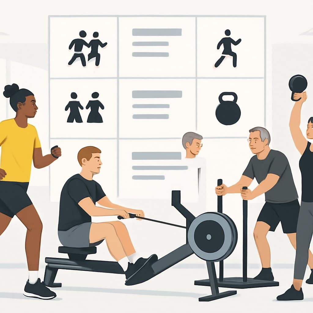 A group of diverse athletes performing various fitness exercises in a modern gym with a background showing icons representing different workout categories.