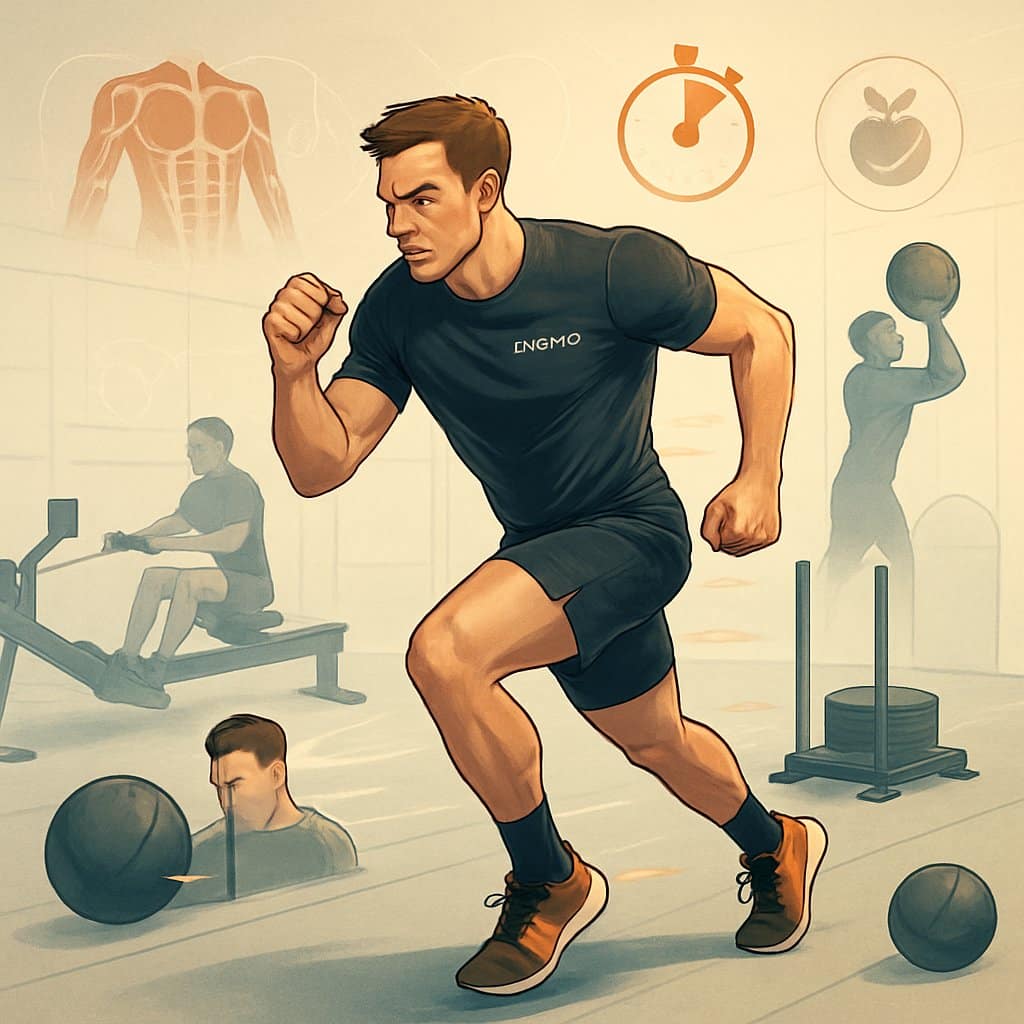 An athlete performing various HYROX exercises in a gym, demonstrating strength and endurance with workout equipment around them.