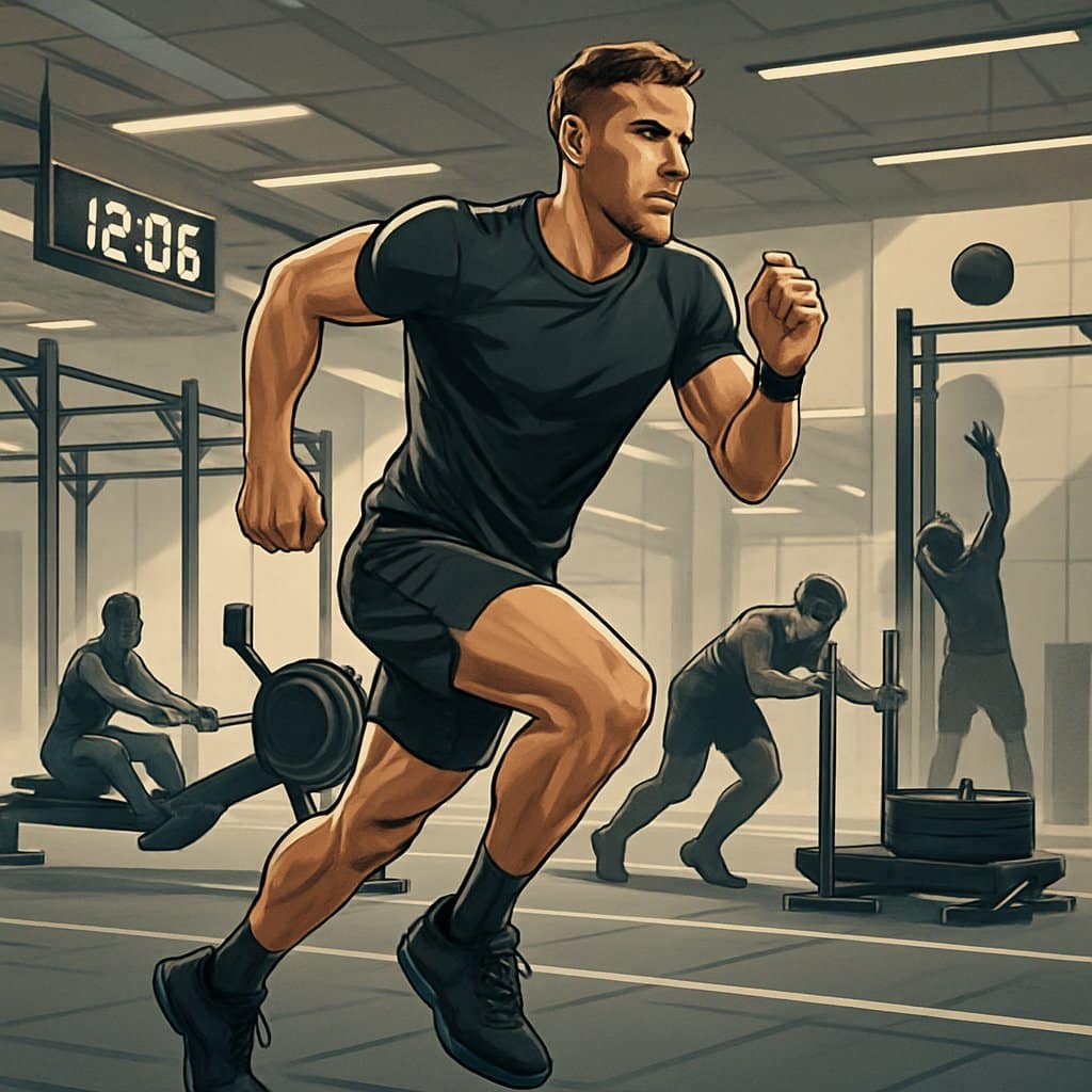 An athlete performing multiple fitness exercises in an indoor race setting with equipment stations and a digital timer.