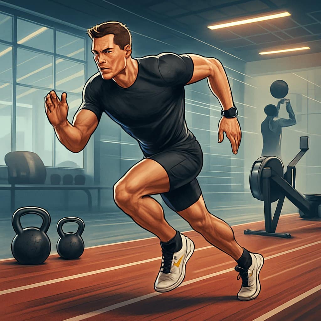 An athlete running indoors surrounded by gym equipment like kettlebells, rowing machines, and wall balls, training for endurance and running performance.