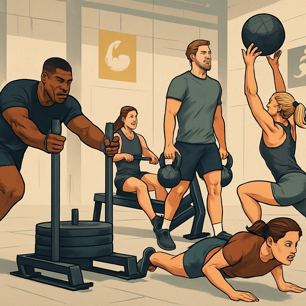 Athletes performing various strength and functional training exercises including sled pushes, rowing, kettlebell carries, wall balls, and burpees in a gym setting.