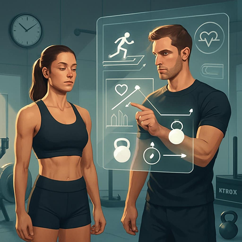 Two athletes in a gym preparing for a HYROX race, one visualizing strategy on a digital board and the other meditating to build mental toughness, surrounded by fitness equipment.