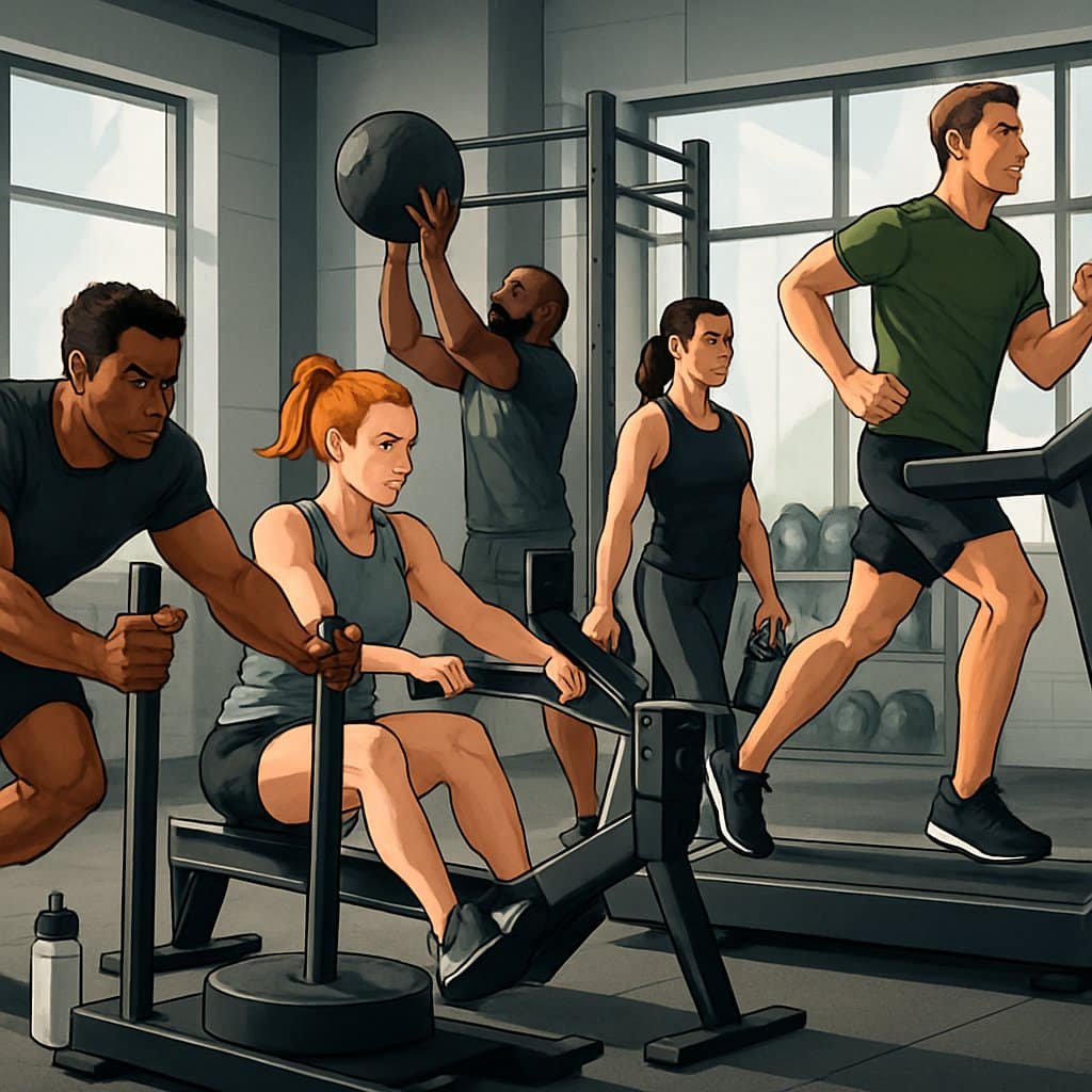 A group of athletes training with various gym equipment, including sled pushes, rowing machines, wall balls, kettlebells, and treadmills, preparing for a race.