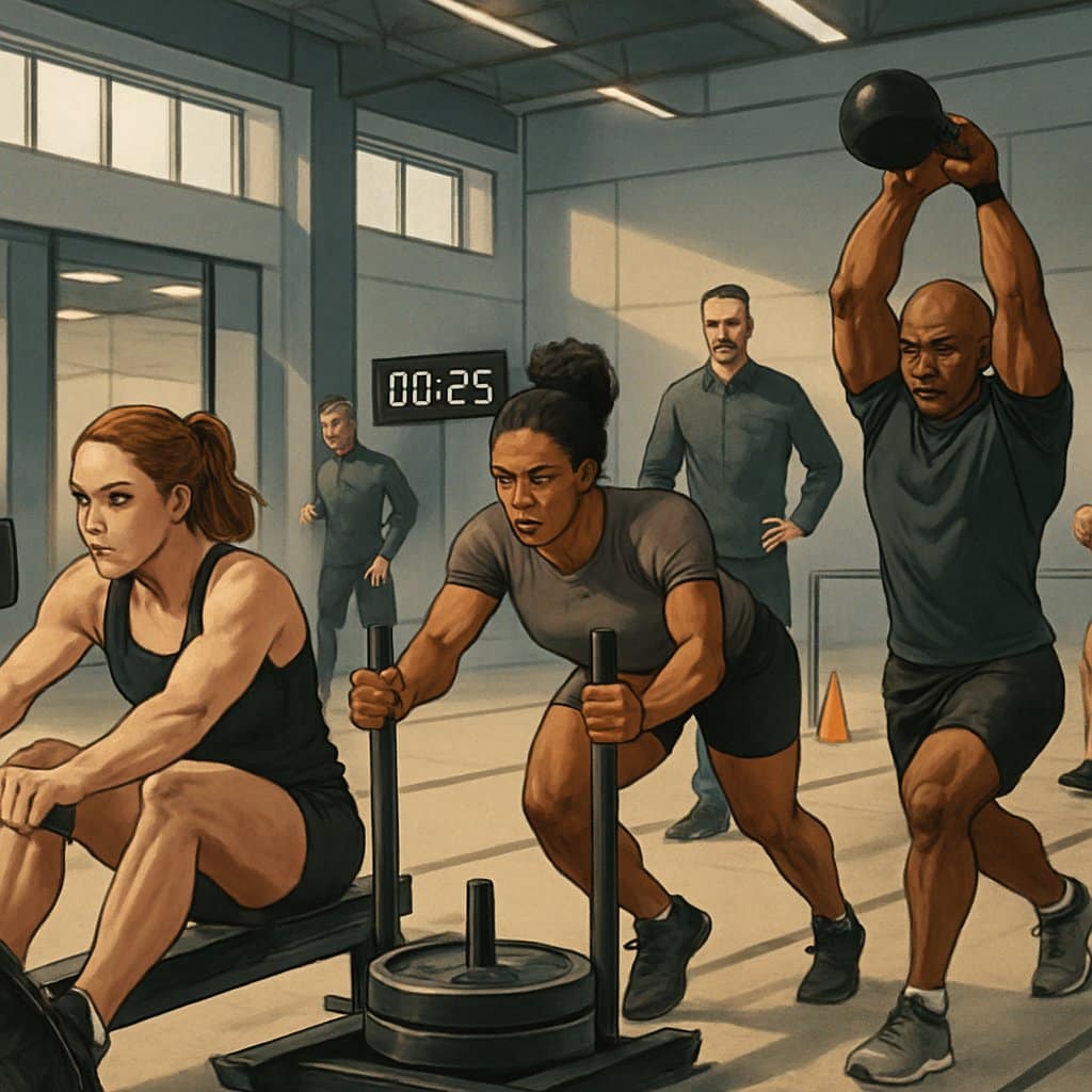 Athletes performing different HYROX training exercises like rowing, sled pushing, kettlebell lifts, and running inside a modern gym.