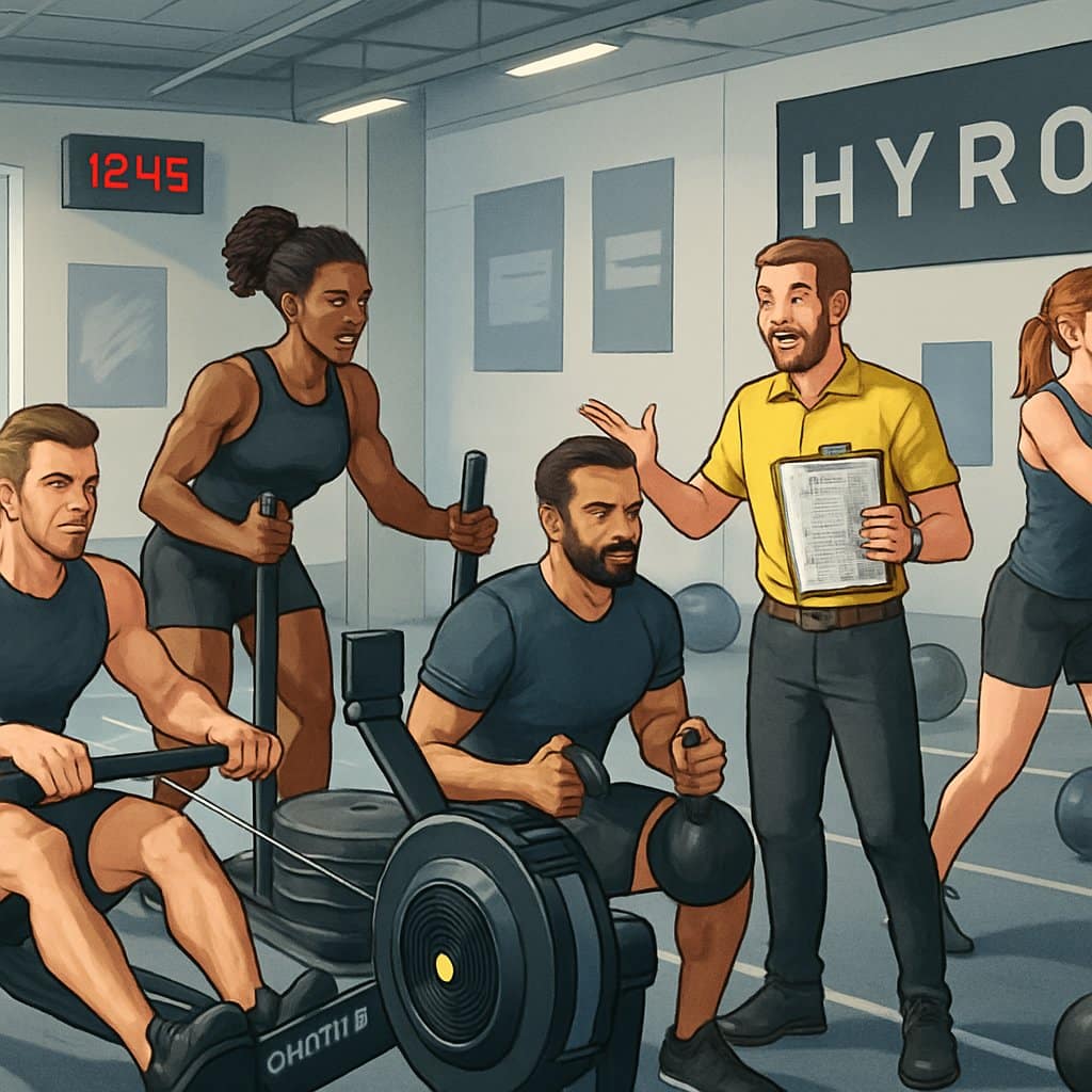 Athletes performing various HYROX training exercises in a gym while a coach guides them.