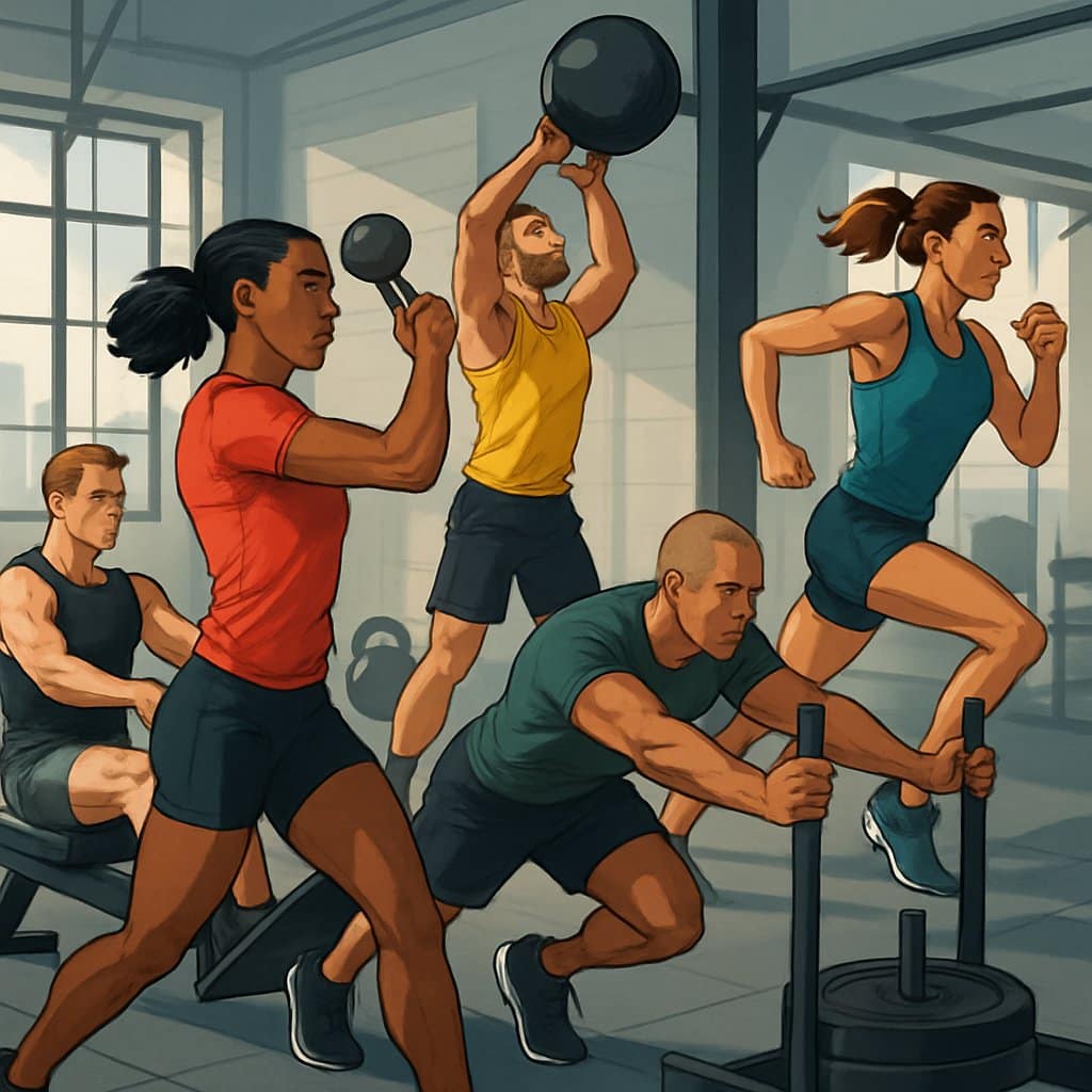 A group of athletes training with rowing machines, kettlebells, sleds, and medicine balls in a gym setting preparing for a race.