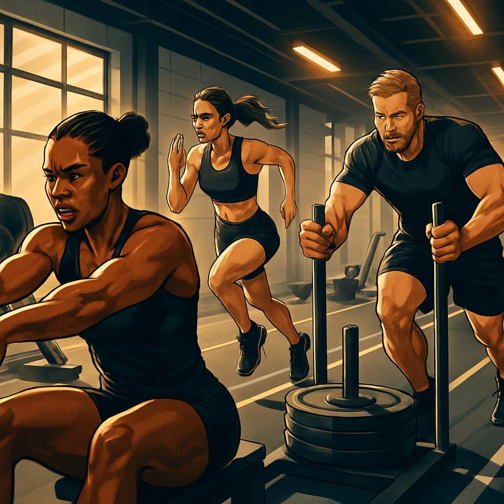 Athletes performing various intense workouts in a gym preparing for a race.