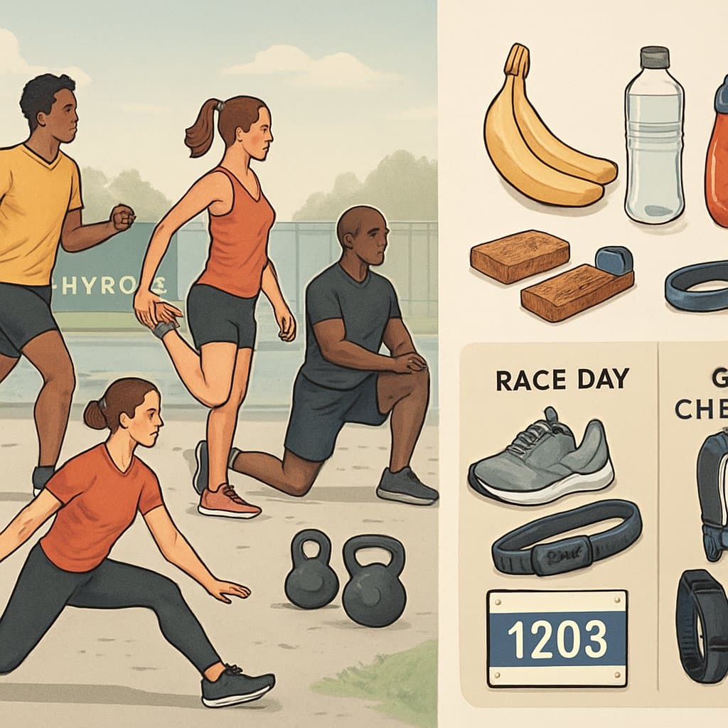 Athletes warming up outdoors with stretching and jogging, alongside a display of race day nutrition and organized gear items.