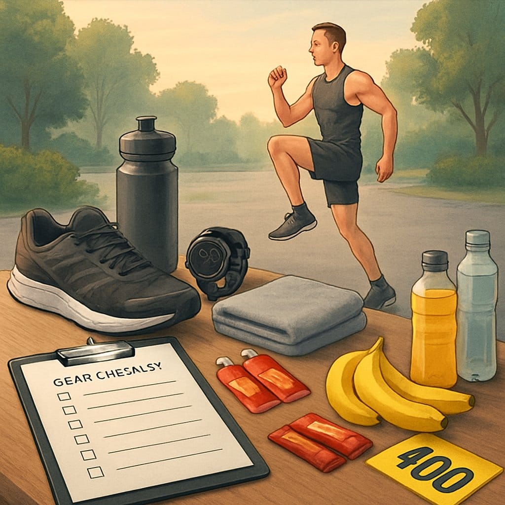 An athlete warming up next to a table with neatly arranged race gear and nutrition items in an outdoor setting.