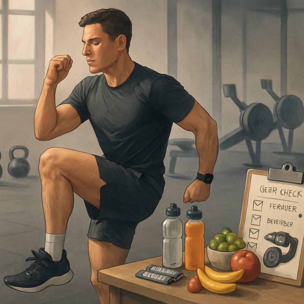 An athlete warming up in a gym with exercise equipment nearby, a table with healthy foods and drinks, and a checklist of gear items on a clipboard.