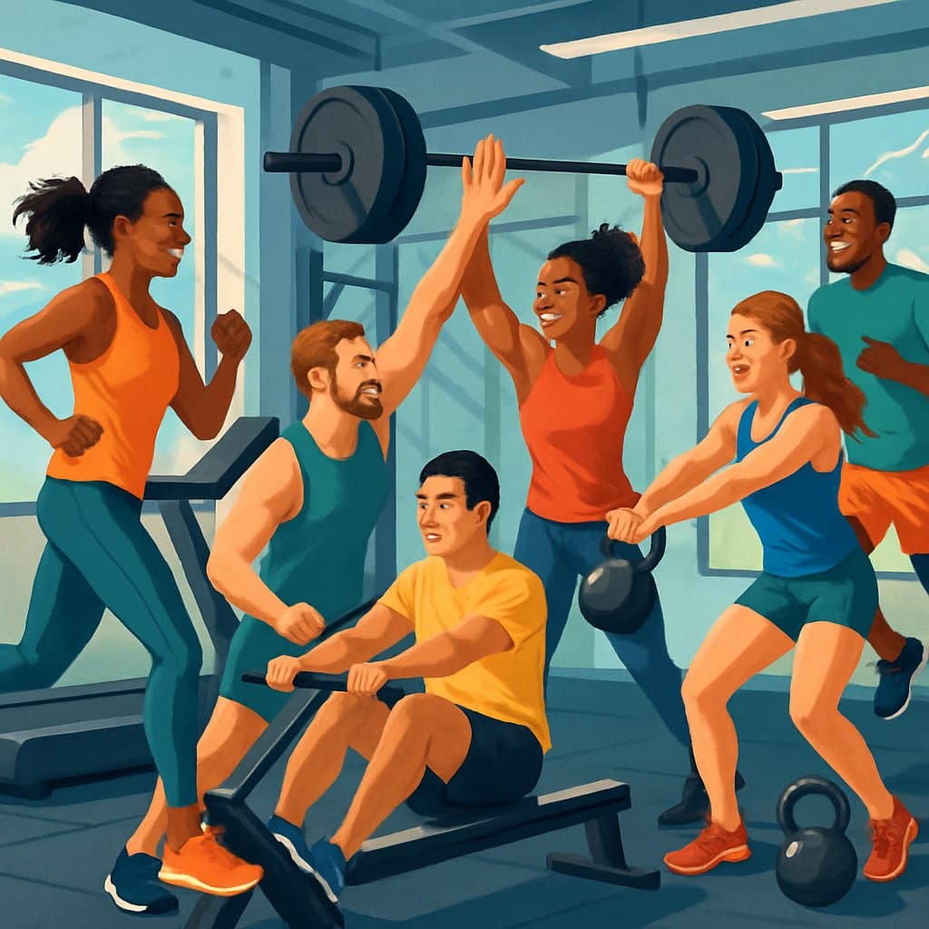 A group of diverse athletes exercising together in a gym, showing teamwork and encouragement during various fitness activities.