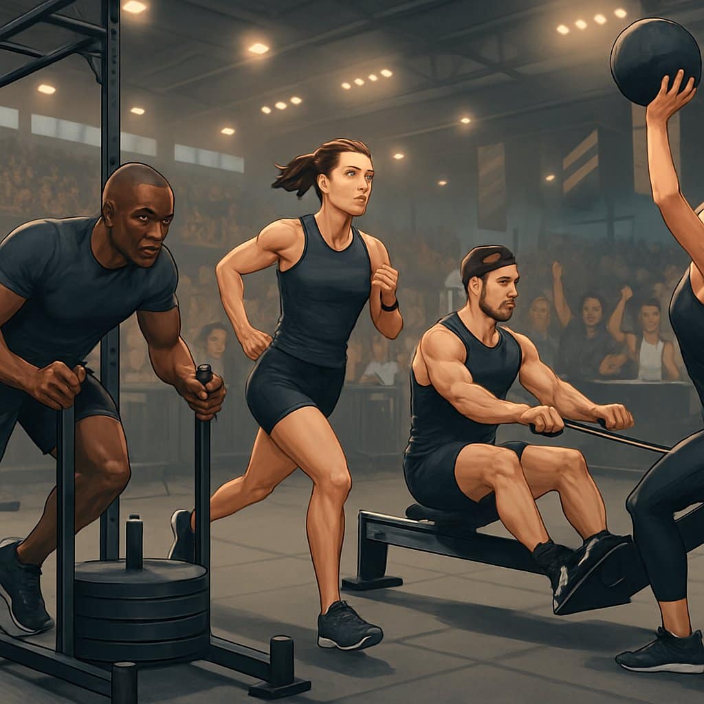 A group of diverse athletes competing in various fitness exercises inside a sports arena with supporters cheering around them.