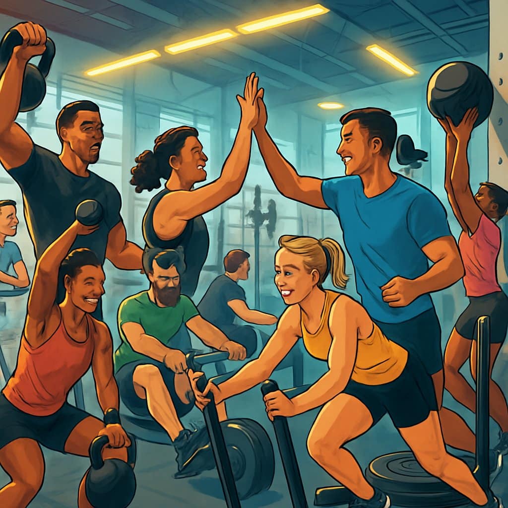 A diverse group of athletes exercising together in a gym, supporting each other during various fitness activities.