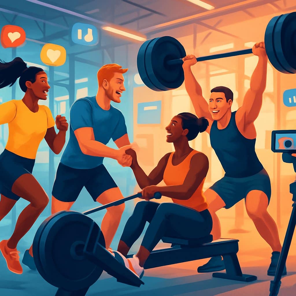 A group of athletes exercising together in a gym, showing teamwork and energy with fitness equipment and social media elements in the background.