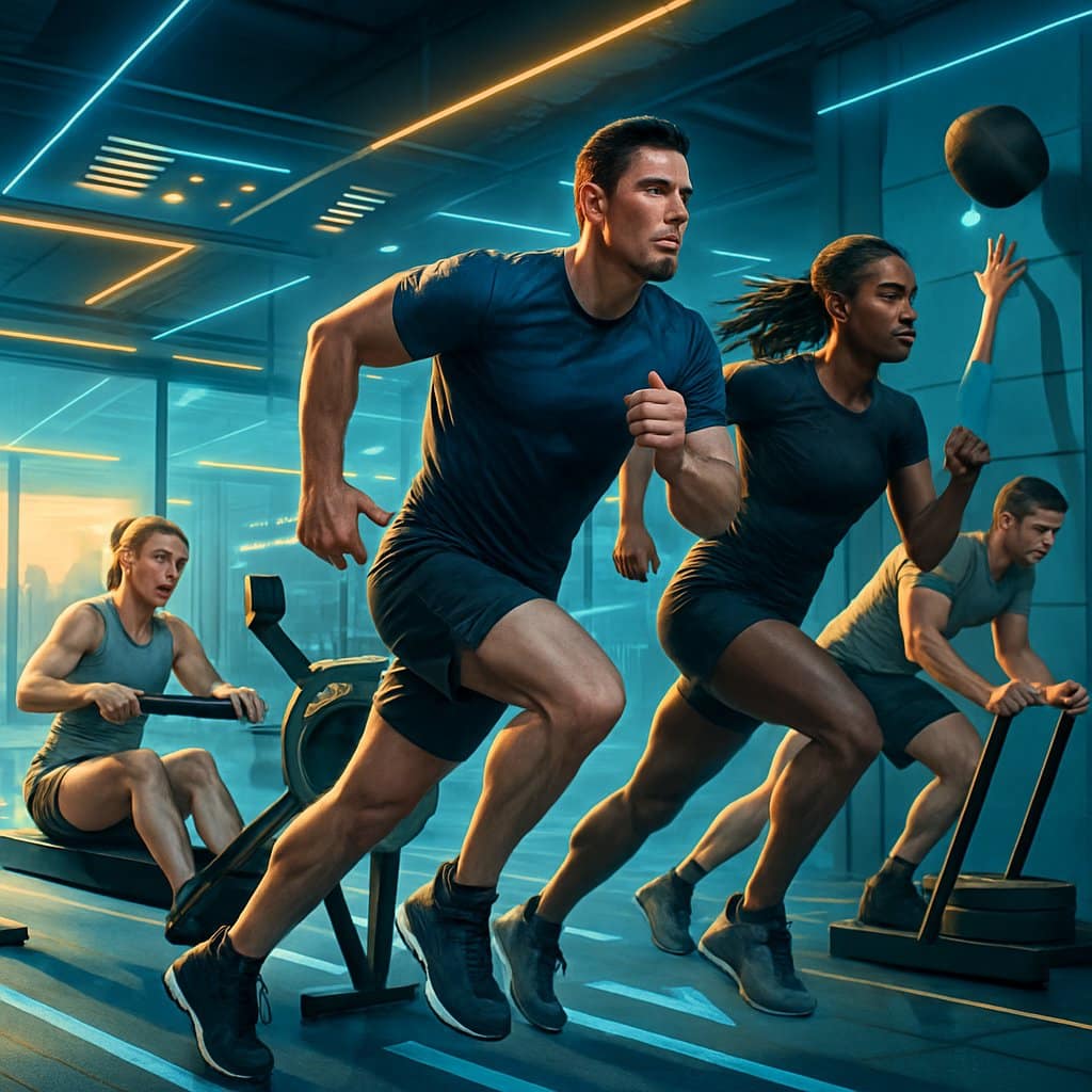Athletes competing in a hybrid fitness race, performing various exercises like running, rowing, and sled pushing in a modern sports arena.