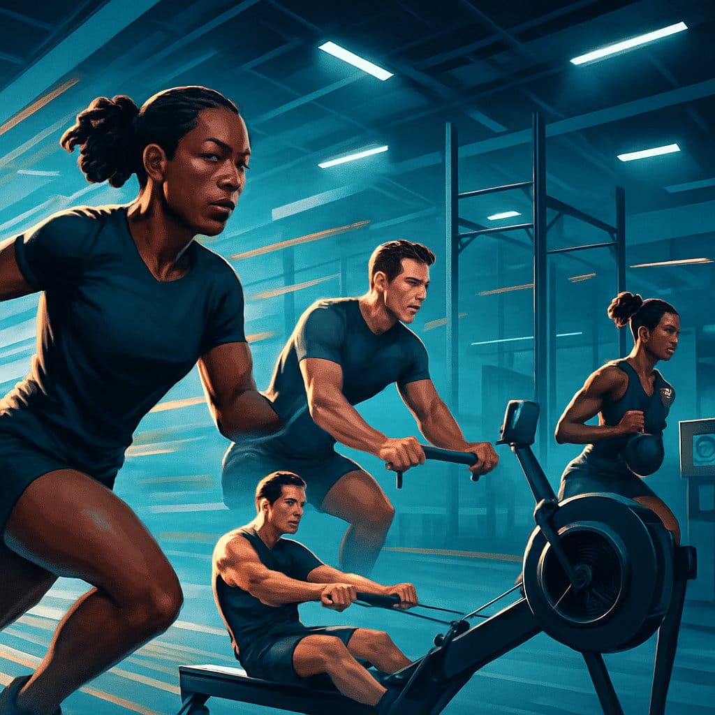 Athletes performing various fitness exercises like running, rowing, and sled pushing inside a modern gym setting.