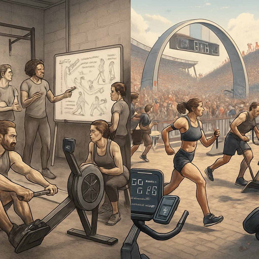 An illustration showing the development of HYROX fitness racing from a small gym training session to a large international race event with many athletes and spectators.