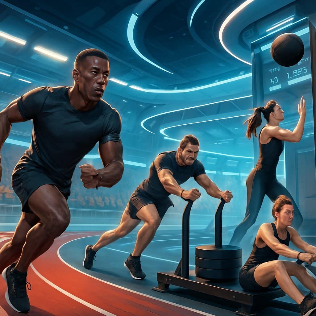 Athletes competing in a hybrid fitness race inside a modern indoor sports arena with various exercise stations and a cheering crowd.