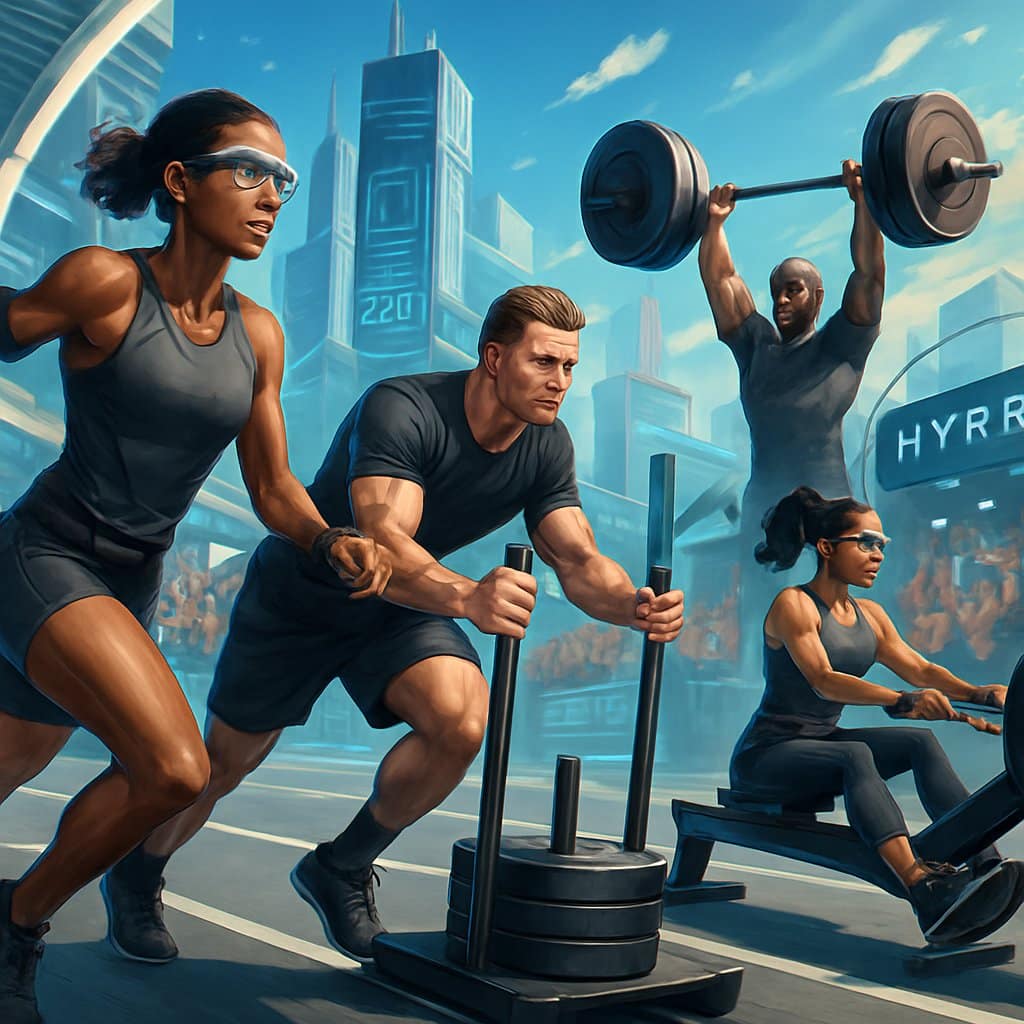 Athletes participating in a hybrid fitness race combining running, rowing, and strength exercises on a futuristic outdoor course with spectators watching.