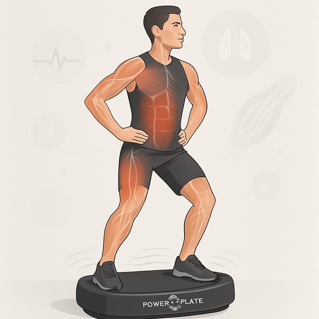 A person standing on a Power Plate vibration platform performing a warm-up exercise with visible vibrations and highlighted muscles showing activation.