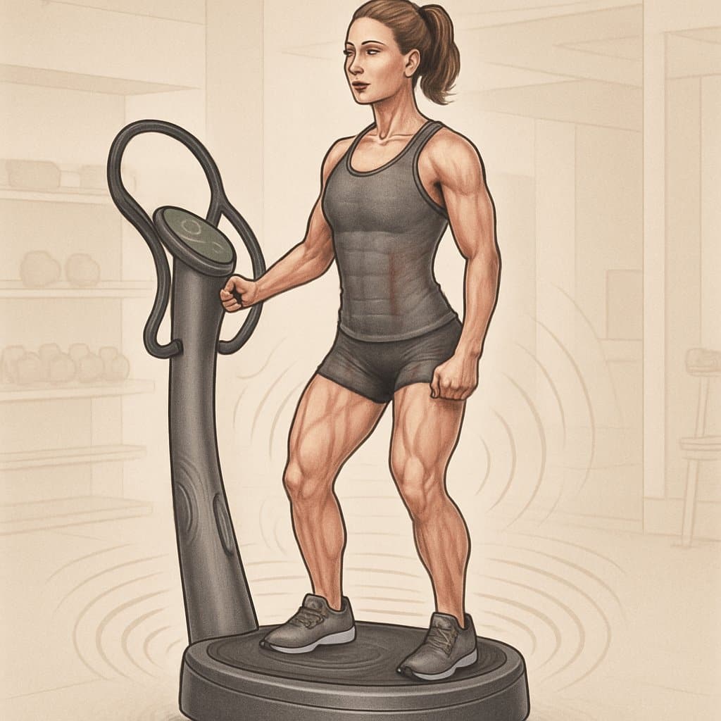 A person standing on a Power Plate machine in a gym, showing muscle activation and vibration waves around the platform.