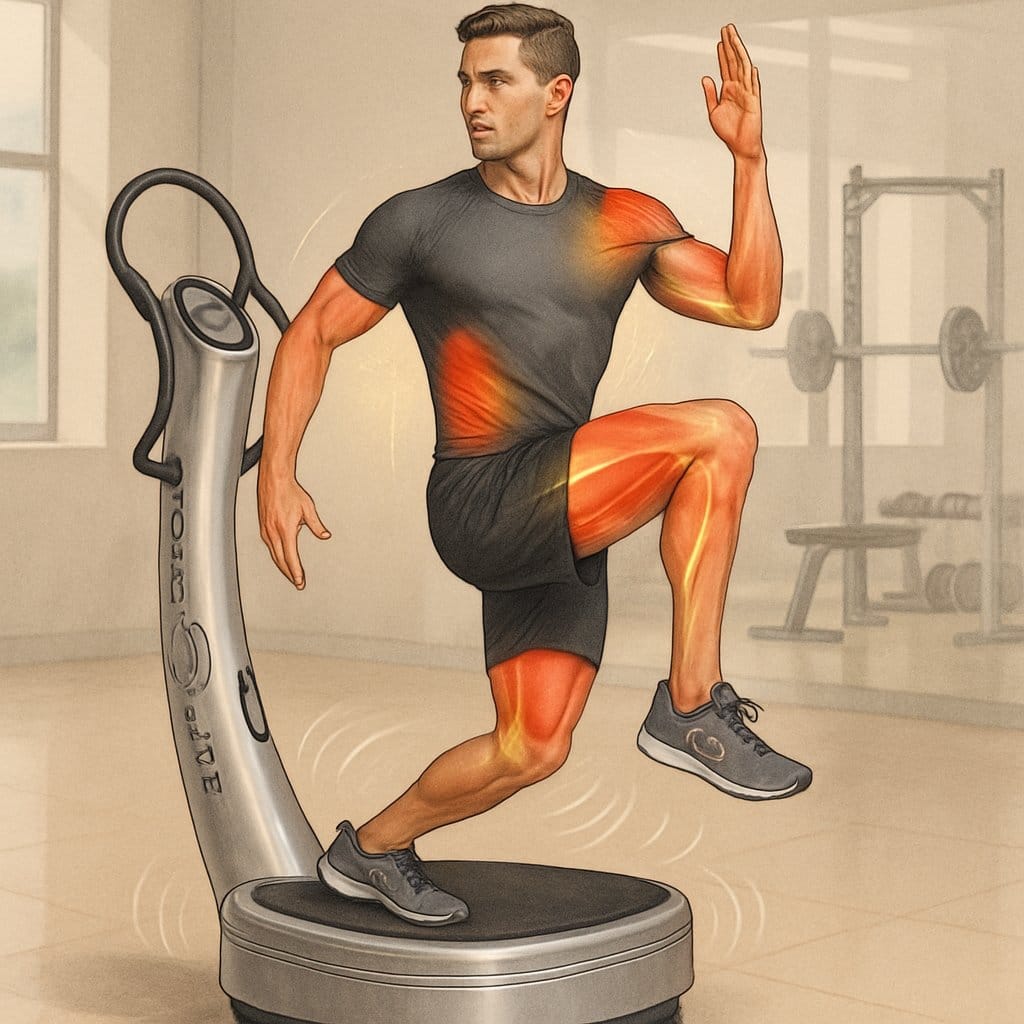 A person performing warm-up exercises on a Power Plate vibration machine in a gym setting.
