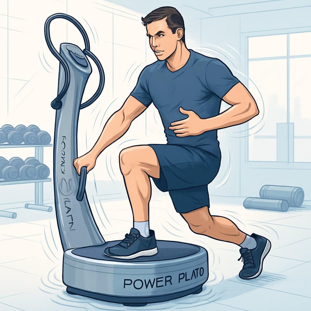 A person warming up on a Power Plate vibration machine in a gym, preparing their body for exercise.